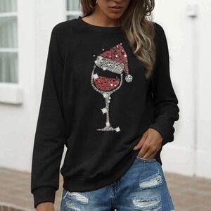 NEW Black Christmas Long Sleeve Top With Wine Glass UGLY CHRISTMAS SWEATER